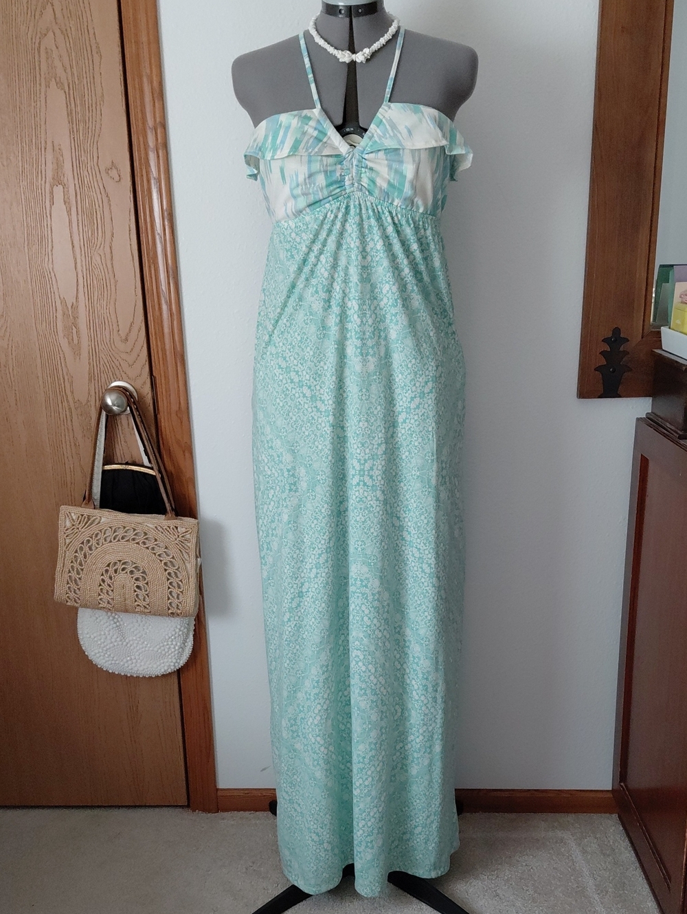 O'Neill Mint Green Patterned Maxi Dress with Ruffle Bodice and Strappy Back